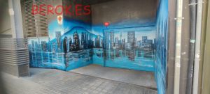 Graffitis Puerta Garaje Ciudad Barcelona Skyline Azul 300x100000